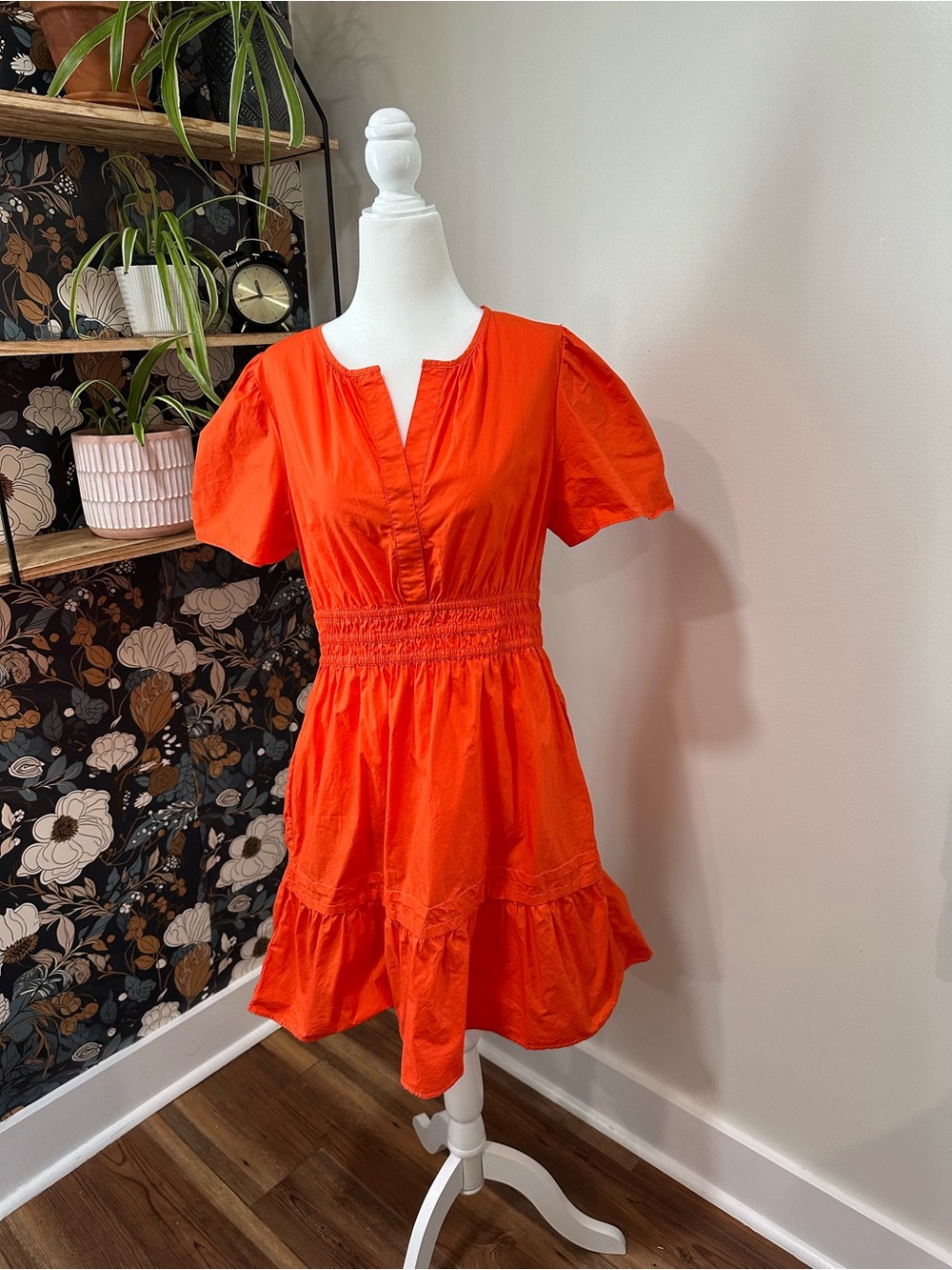 Quince Bright Orange Puff-Sleeve Smocked Mini Dress
